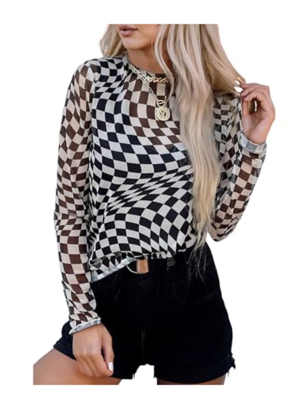 Women's Floral Mesh Long Sleeve Mock Neck Sheer Blouse Slim Fit Top